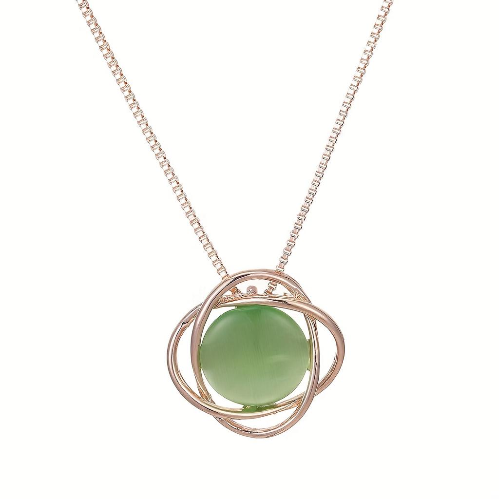 Women's Fashionable Simple Geometric Double Oval Rotating Necklace and Earrings Jewelry Set with Round Cat's Eye Stone Pendant and Stud Earrings
