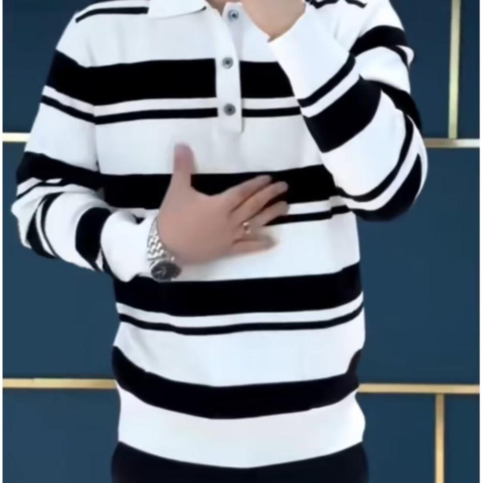 New Arrival Men's Striped Lapel Polo Sweater - Versatile, Fashionable, and Trendy Knitwear for Spring and Autumn.