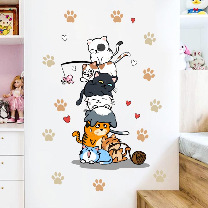 1 шт. Милые кошки и отпечатки кошачьих лап, сложенные вместе, наклейки на стену для детской комнаты, спальни, настенные наклейки, домашний декор