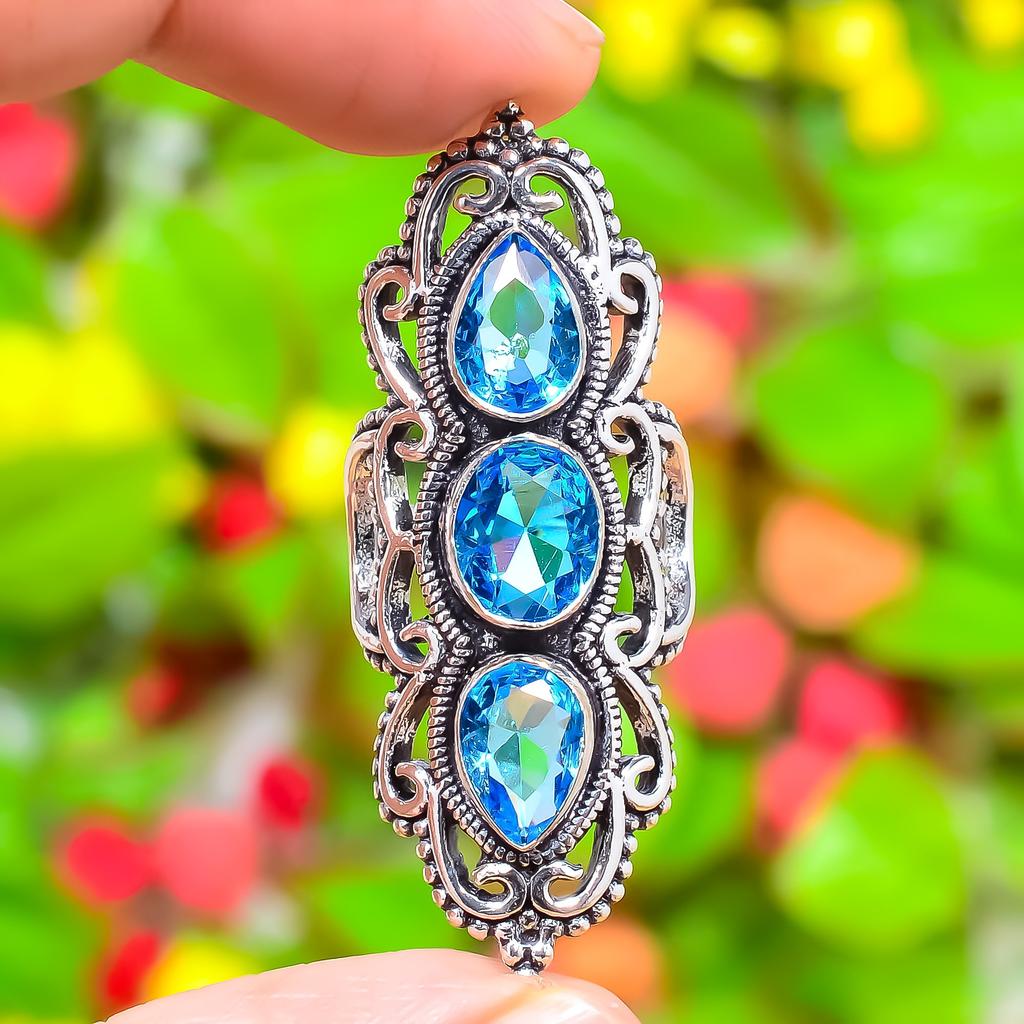Swiss Blue Topaz Gemstone Handmade 925 Sterling Silver Jewelry Ring Size 7 Z3q83
