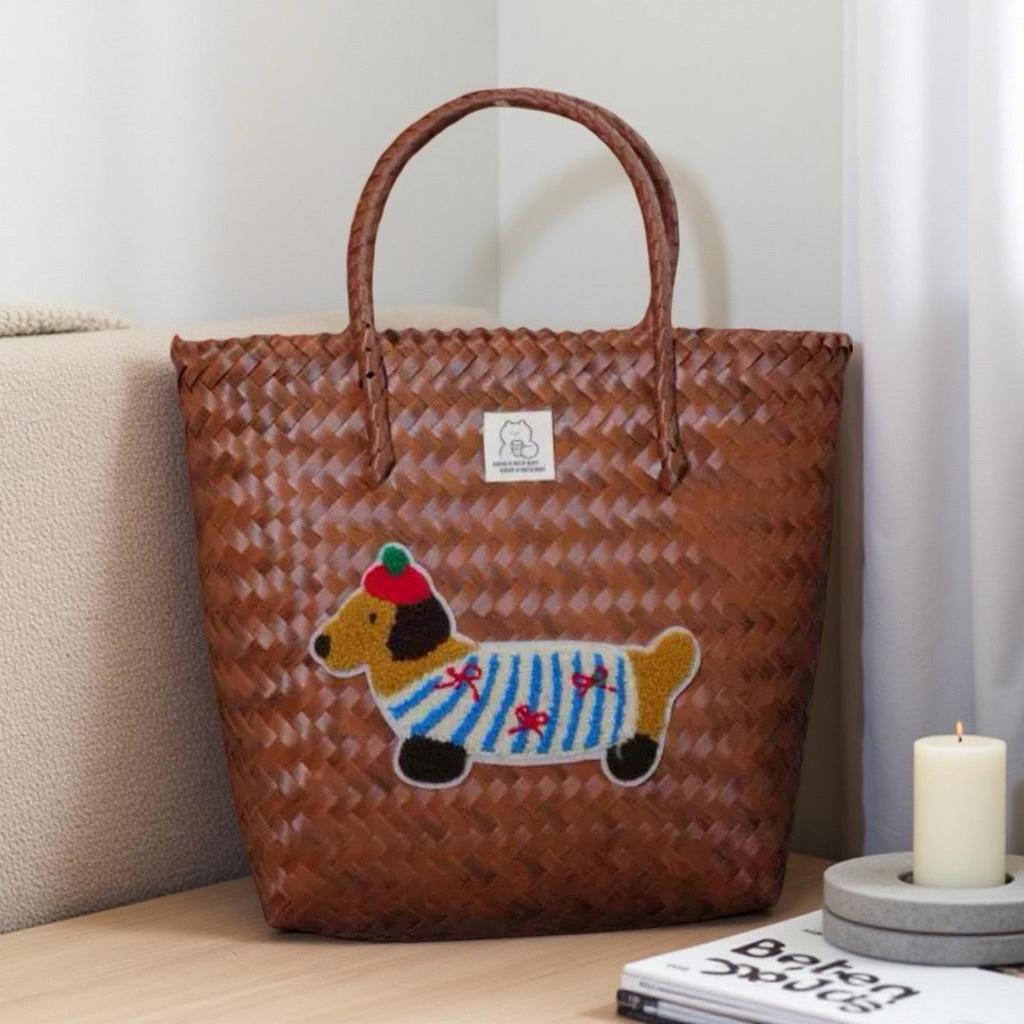 Плетеная сумка-тоут для щенка таксы с бамбуковой ручкой, винтажная пляжная сумка