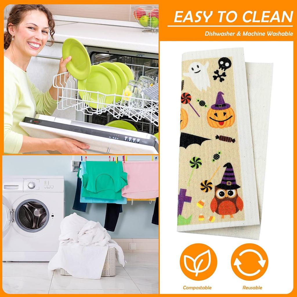 Honeydak 6 Pcs Halloween Swedish Dish Towels Ghost Pumpkin Swedish Kitchen Dishcloths Washable Reble Halloween Dish Cloths Witch Absorbent Fast