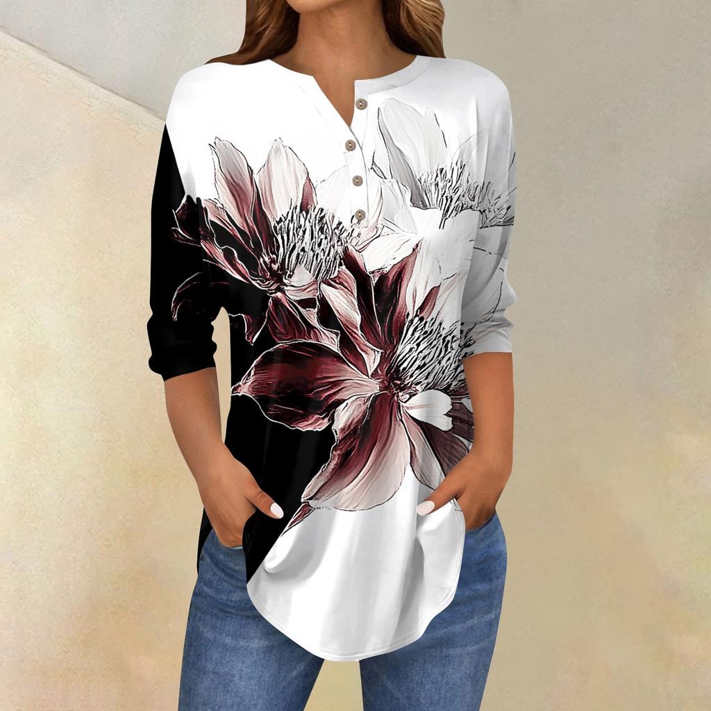 Женская свободная футболка с воротником на пуговицах и винтажным цветочным принтом, рукав три четверти