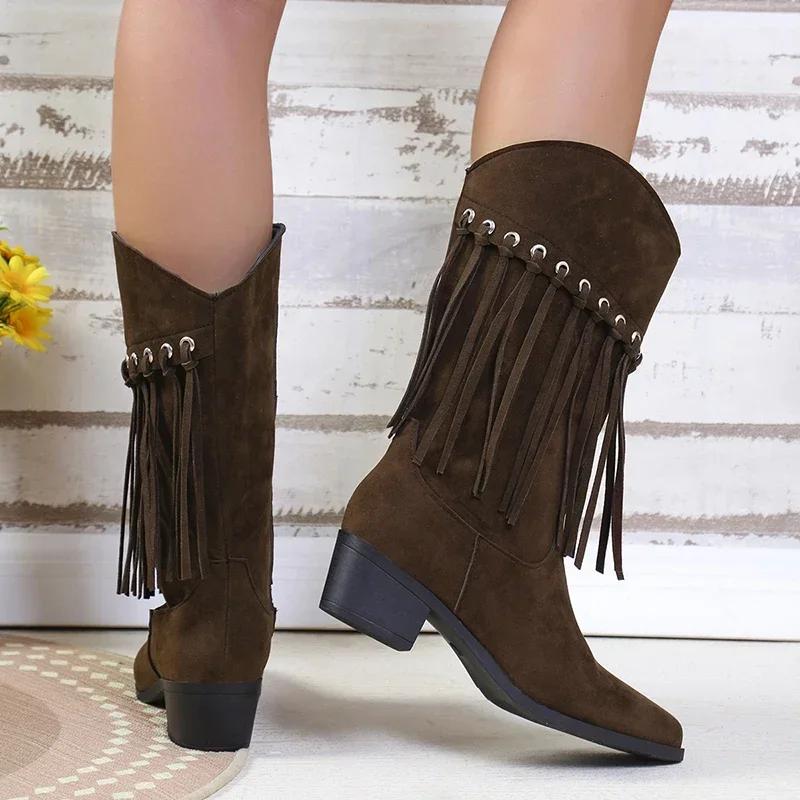 Осень-зима женские ковбойские сапоги с кисточками черные модные элегантные туфли с пряжкой на поясе толстые каблуки женские полусапожки до середины голени