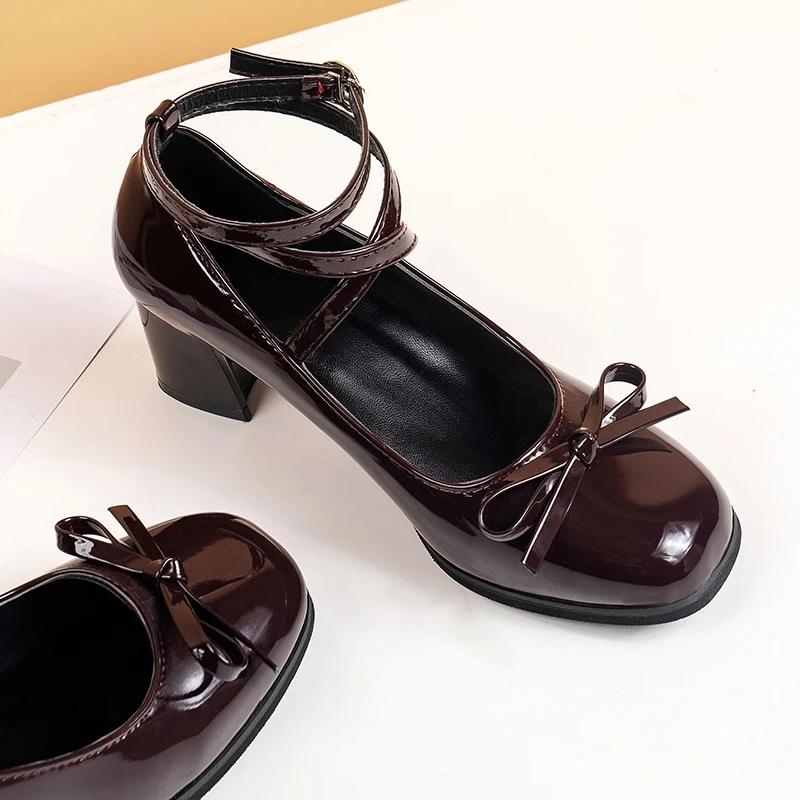 Женские туфли на высоком каблуке, осенние, черные, с бантом, с перекрестными шнурками, туфли Мэри Джейн, модные туфли на толстом каблуке с квадратным носком, туфли для вечеринки, Zapatos Mujer