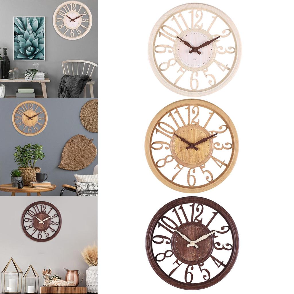 Retro Wall Clock Hollow Pattern Non Ticking Round for Farmhouse