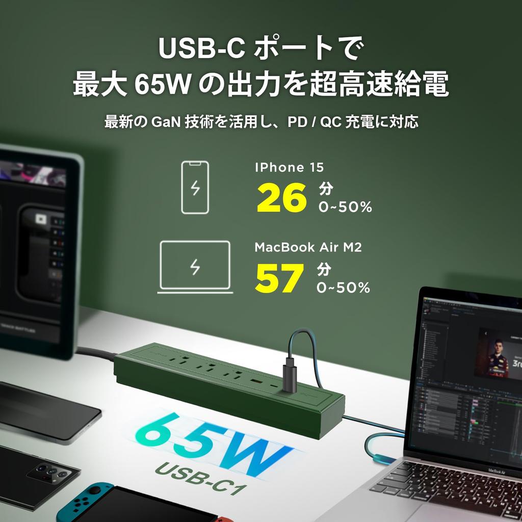 Innfact 73W Rapid Charging Extension Cord Power Tap GaN Gallium Nitride Outlet Tap 3 AC Outlets 2 Ports 1 Port Table Tap Compatible with iPhone iPad