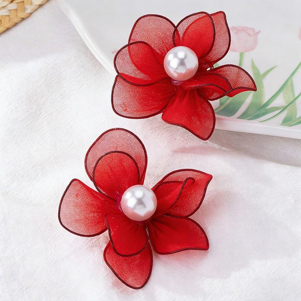 Mesh Petal Stud Earrings Fabric Women's Fashion Earrings Gifts Pearl Geometric Earring