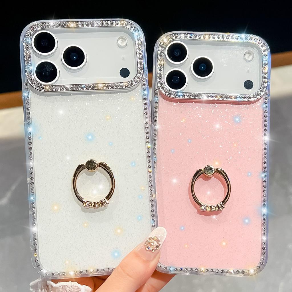 For Apple 17Air Glitter Diamond Phone Case for Apple 16E Ring Stand 15ProMax Glitter Powder Protective Case