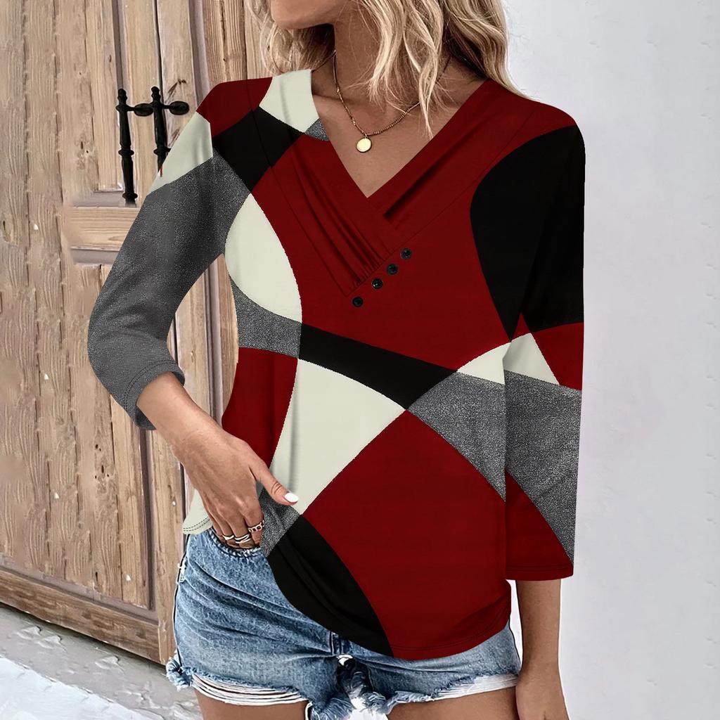 Женские повседневные футболки с рукавом 3/4 для выходных с V-образным вырезом и принтом, свободные плиссированные футболки, женская блузка