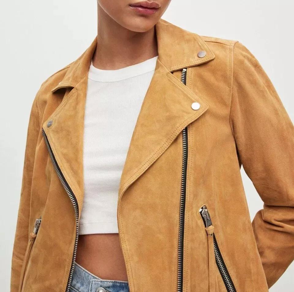 Женская замшевая куртка ручной работы из загорелой кожи, стильная, байкерская, мотоциклетная, повседневная