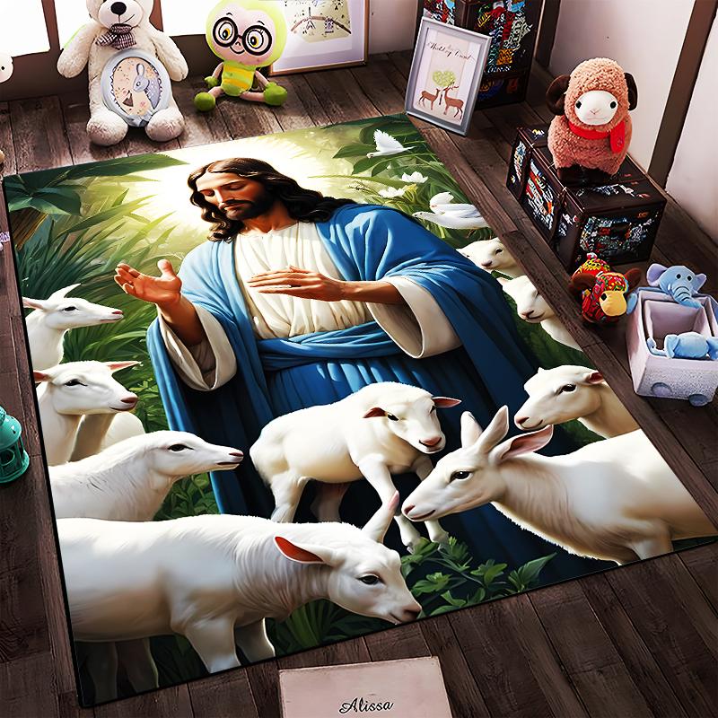 Peaceful Shepherd with Lambs Non-slip rug suitable for living room and bedroom sofas.