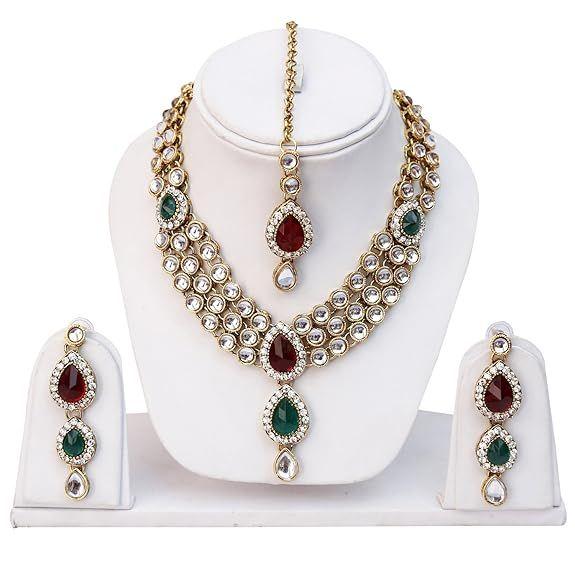 Latest Stylish 18k Gold Plated Traditional Kundan Necklace Jewellery Set for Women