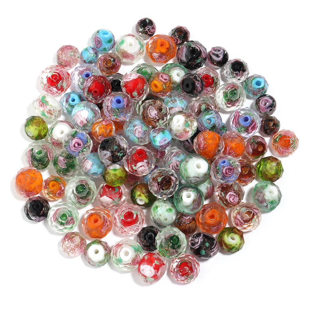 10pcs/lot 8 10 12mm Colored Faceted Lampwork Beads Flower Pattern Loose Spacer Abacus Glass Bead For DIY Charms Bracelet Earring