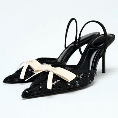 Модная Новинка Дизайнерская Обувь Металлическая Блестящая Отделка Женские Туфли-Лодочки Сексуальный Острый Носок Слингбэки Босоножки на Каблуке Элегантная Вечерняя Обувь