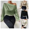 Slanted Shoulder Design Long Sleeved T-shirt Women's Asymmetric Pullover Top Solid Color Satin Long Sleeved Shirt T-Shirts Women’s