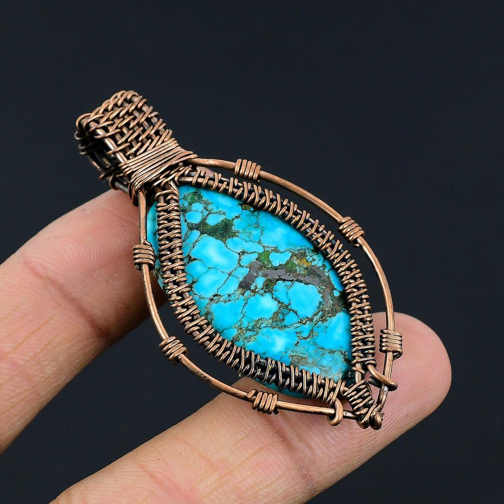 Tibetan Turquoise Pendant, 999 Copper Wire Wrapped Gemstone Jewelry, Handmade Pendant, For Thanksgiving