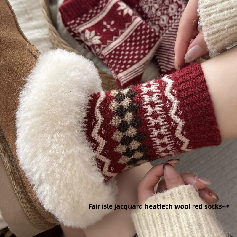 Новогодние красные носки, носки с узором «Фэр-Айл», осенне-зимние утолщенные шерстяные носки до середины икры, ромбовидные ретро