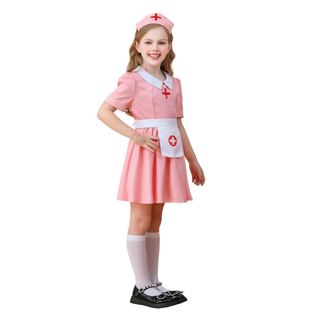 J-yuefang Nurse Costume for Girls, Pink Doctor Cosplay Dress with Headpiece and Apron