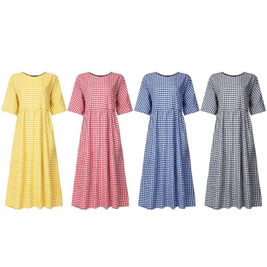 Summer Women Dress O Neck Check Print A-line Big Hem Short Sleeves Pleated Loose Pullover Commute Dating Maxi Dress Daily Long Dress