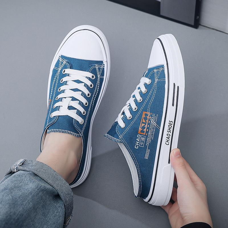 2025 Autumn New Breathable Half-drag Men's Shoes Hong Kong Trendy Canvas Shoes Bag Head Drag Casual Shoes Student Slippers