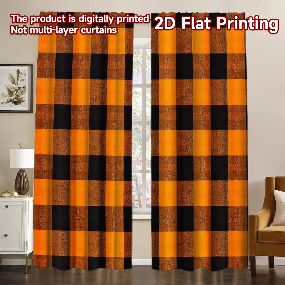 2D FLAT PRINTING 2pcs Curtains (Without Rod) Halloween Orange Black Checks Popular Minimalist Curtains Prints Light Filtering