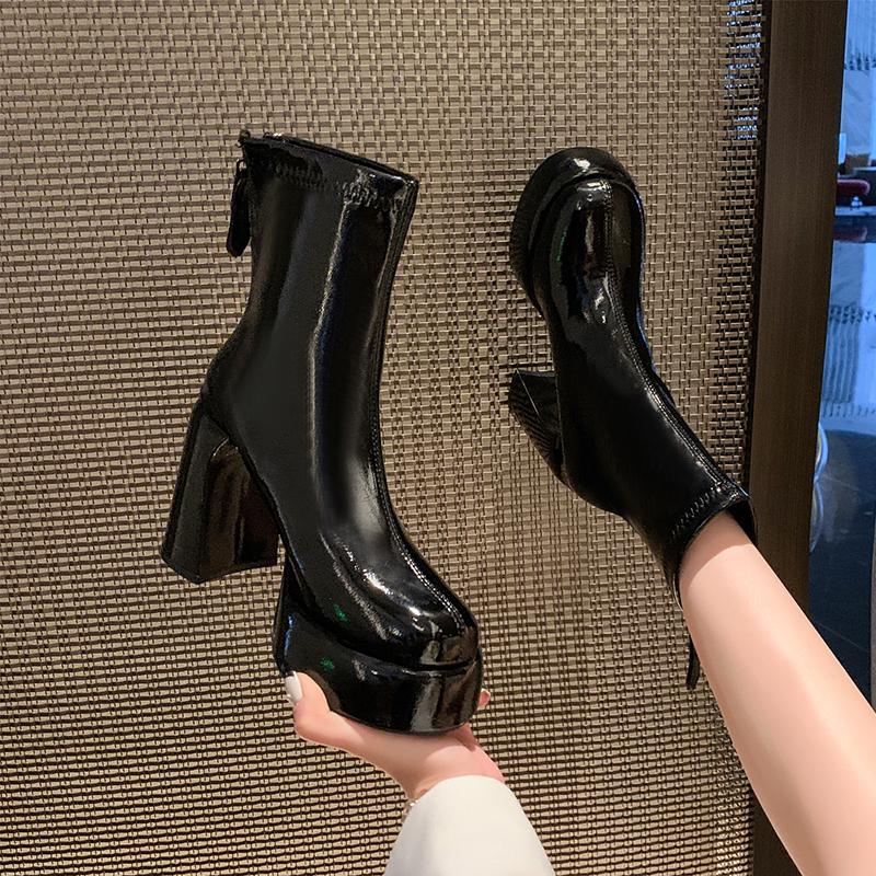 Современные ботинки на квадратном каблуке с лодыжкой, зимние ботинки с круглым носком 2024 года, высококачественные женские ботинки на высоком каблуке с застежкой-молнией, лаконичные женские ботинки