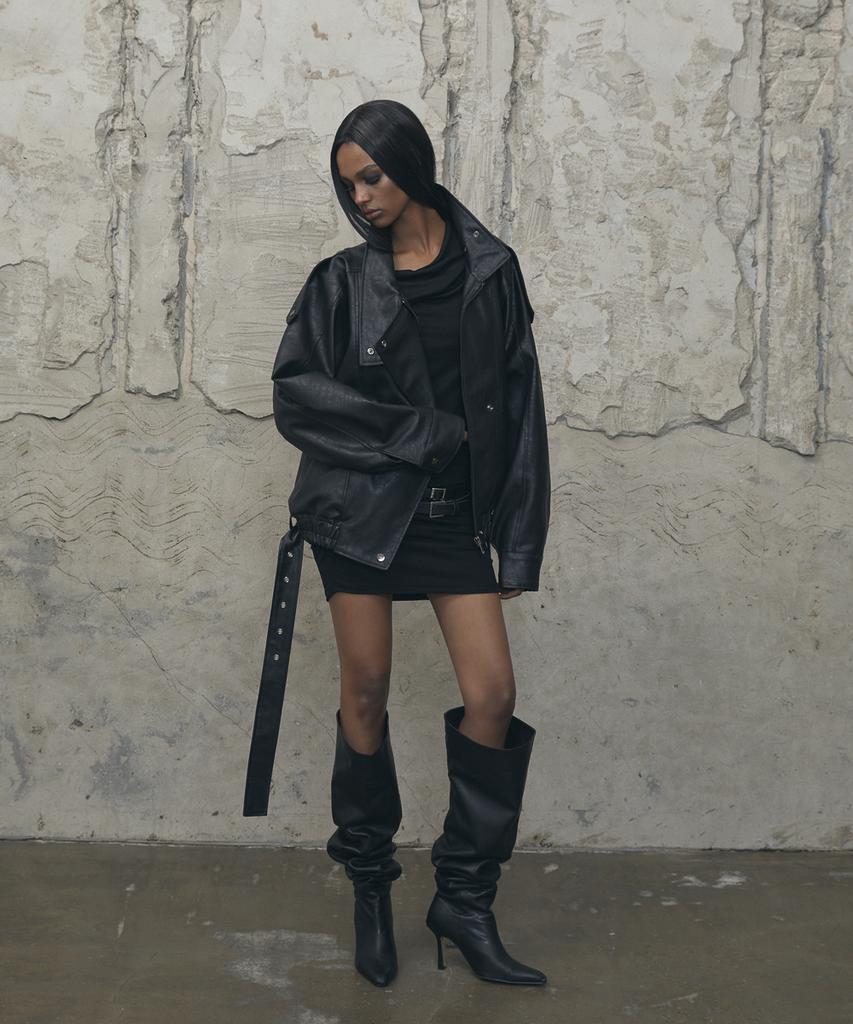 VOONT Belt High-Neck Leather Jacket (Black)