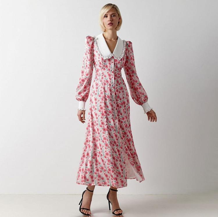 Boho Maxi Dresses for Women Ruched Flowy Polka Floral Dress Long Slim Fit A-Line Sundress Women's Casual Long Lantern Sleeves Hem Split Shirts Dress