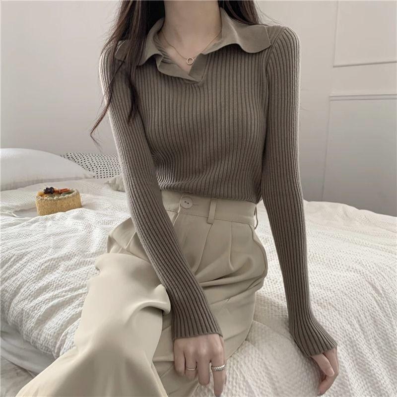 Осенняя женская футболка с длинными рукавами, вязаным воротником-поло и облегающим верхом снизу