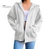Solid Color Fall Jacket Ladies Winter Coat Loose Zip Up Pockets Long Sleeve Drawstring Hooded Elastic Cuff Lady Hoodie Adjustable