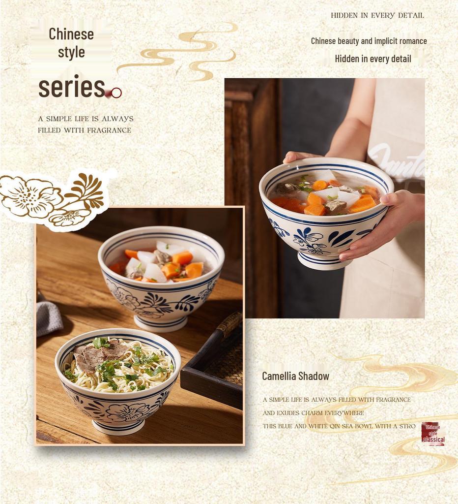 Retro Hand-Painted Blue & White Large Noodle Bowl - High-Footed Porcelain for Creative Dining