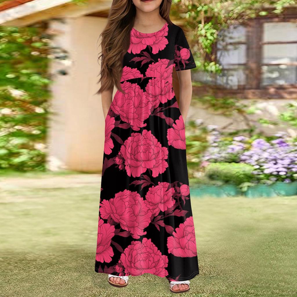 Длинное летнее платье для девочек - платье макси с короткими рукавами и карманами для детей 4-14 лет