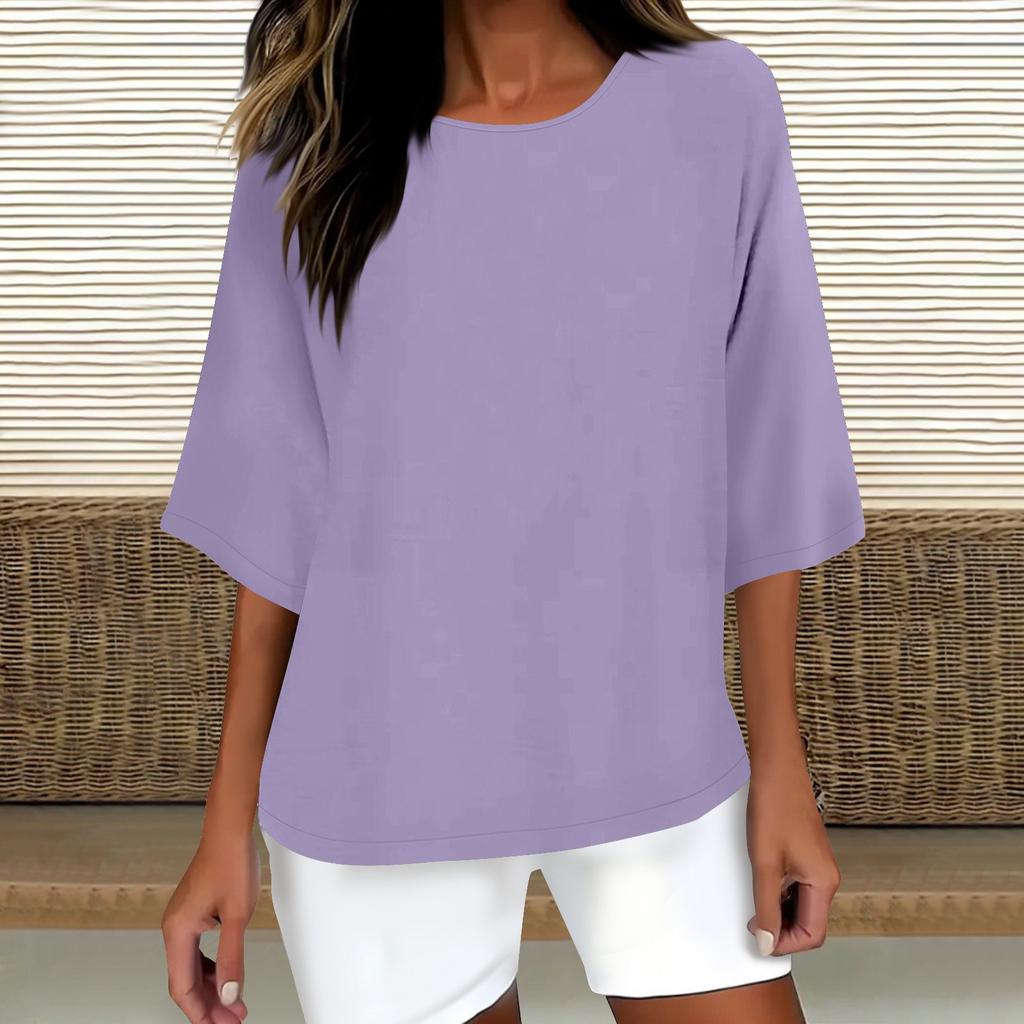 Женская модная однотонная повседневная футболка с рукавом семь восьмых и круглым вырезом, хлопковый топ