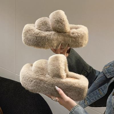 Тапочки из искусственного меха с мехом, женские, осенние и зимние, с двумя полосками, на плоской подошве, повседневные, удобные, модные, одно слово, толстая подошва, теплые, хлопковые тапочки