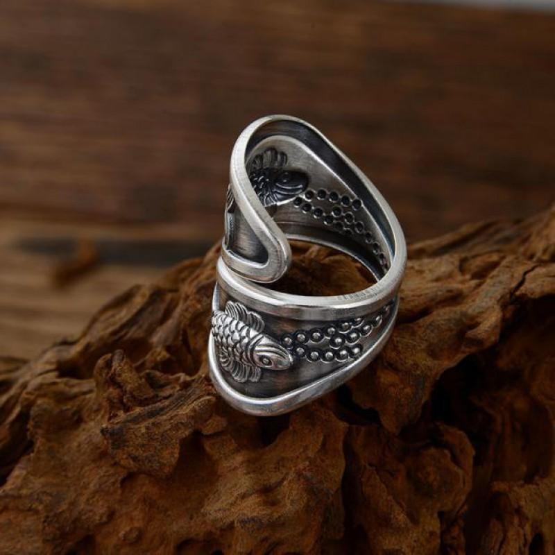 Adjustable Wide Band Ring Men Women Sterling Geometric Fish Motif Vintage Style Unisex Finger