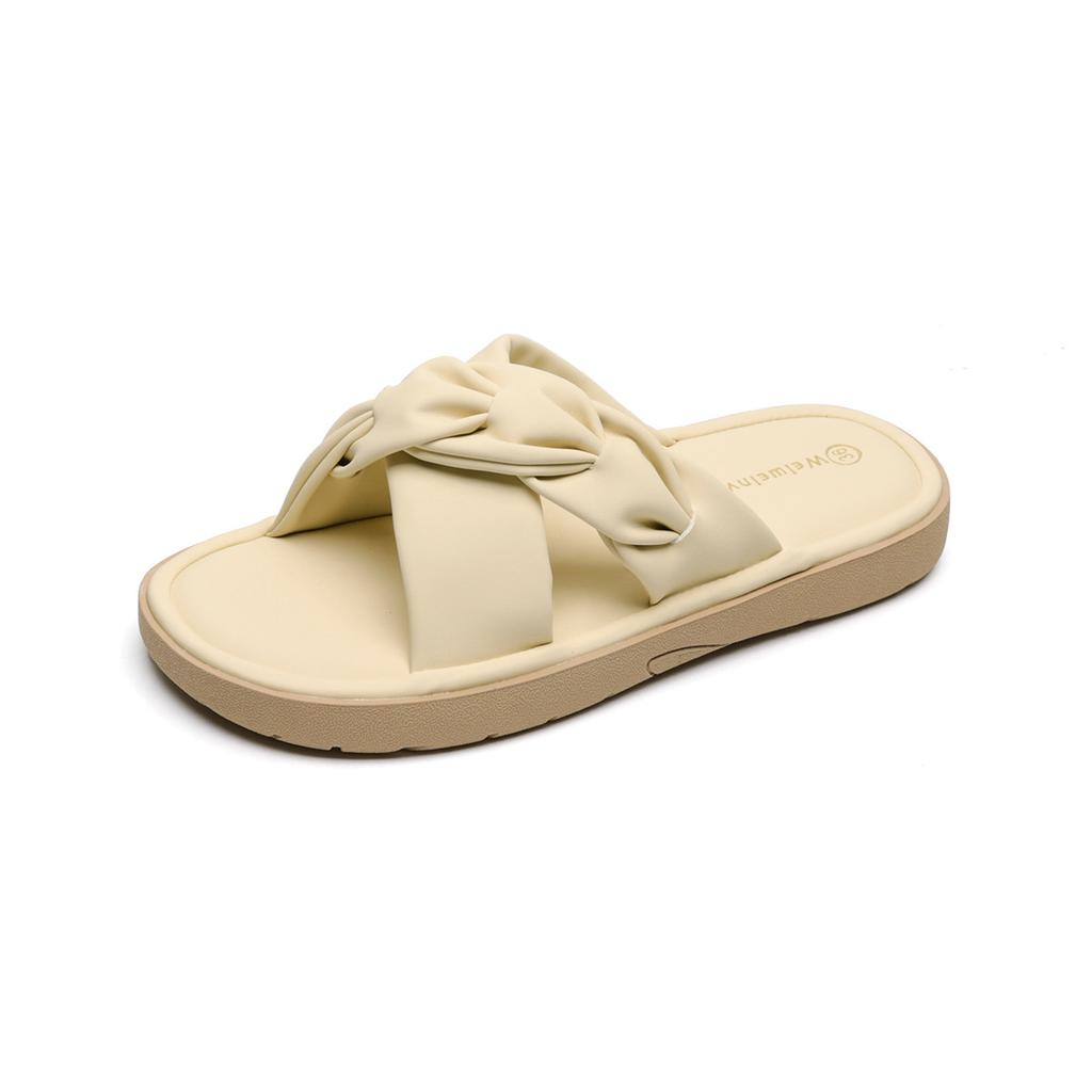French Pleated Cross with Thick-soled One-word Cool Slippers 2025 New Square Head Versatile Vacation Beach Flat Sandals