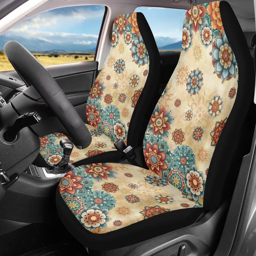 Чехлы на сиденья автомобиля Bulopur Black Boho Цветочные, Только для передних сидений, для женщин и мужчин, с карманом-органайзером, для автомобилей, внедорожников, грузовиков, седанов