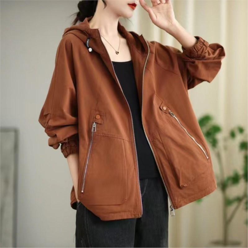 Johnature Woman Autumn Vintage Loose Casual Personality Coat Zipper Solid Color Long Sleeves Hooded Coat