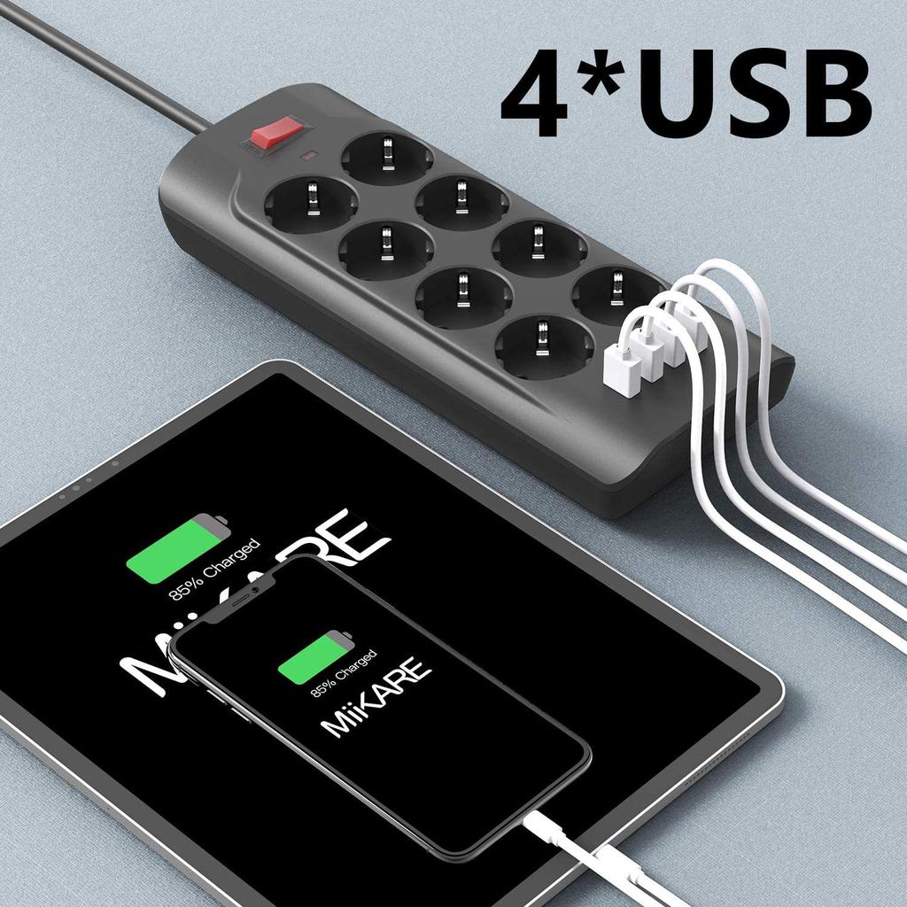 Умная розетка, кабель 2 м, 8 розеток, 4 USB-порта для быстрой зарядки — черная розетка