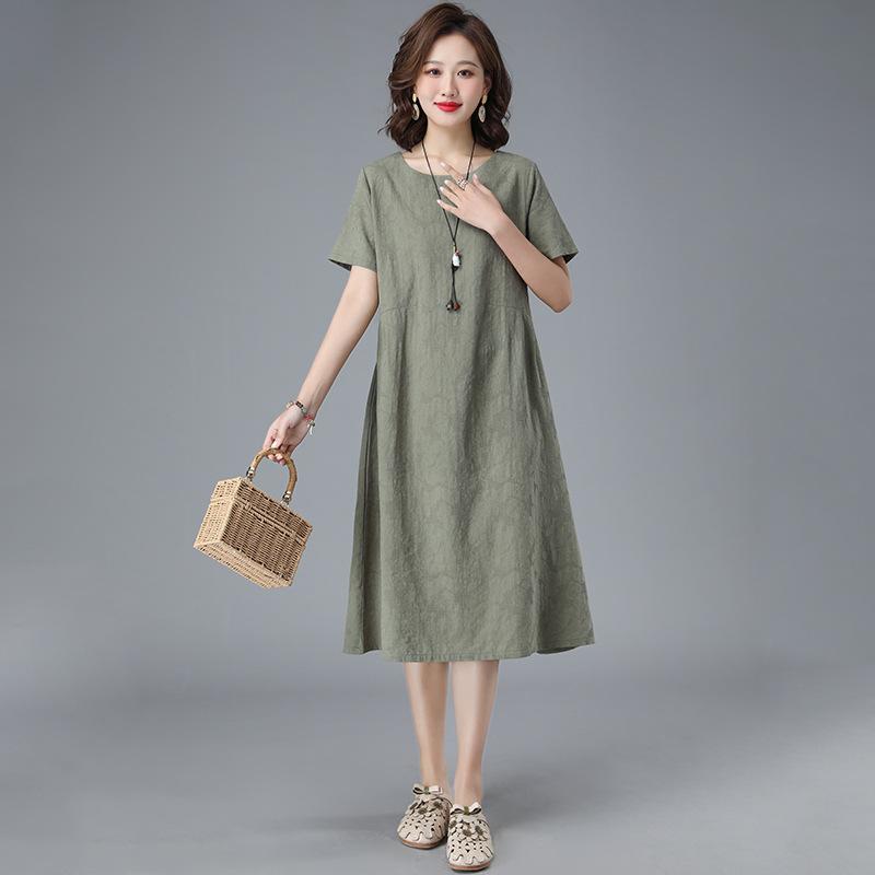 Summer Artistic Loose Jacquard Cotton Linen Round Neck Short Sleeved Dress for Women Mid To Long Length Casual Dresses