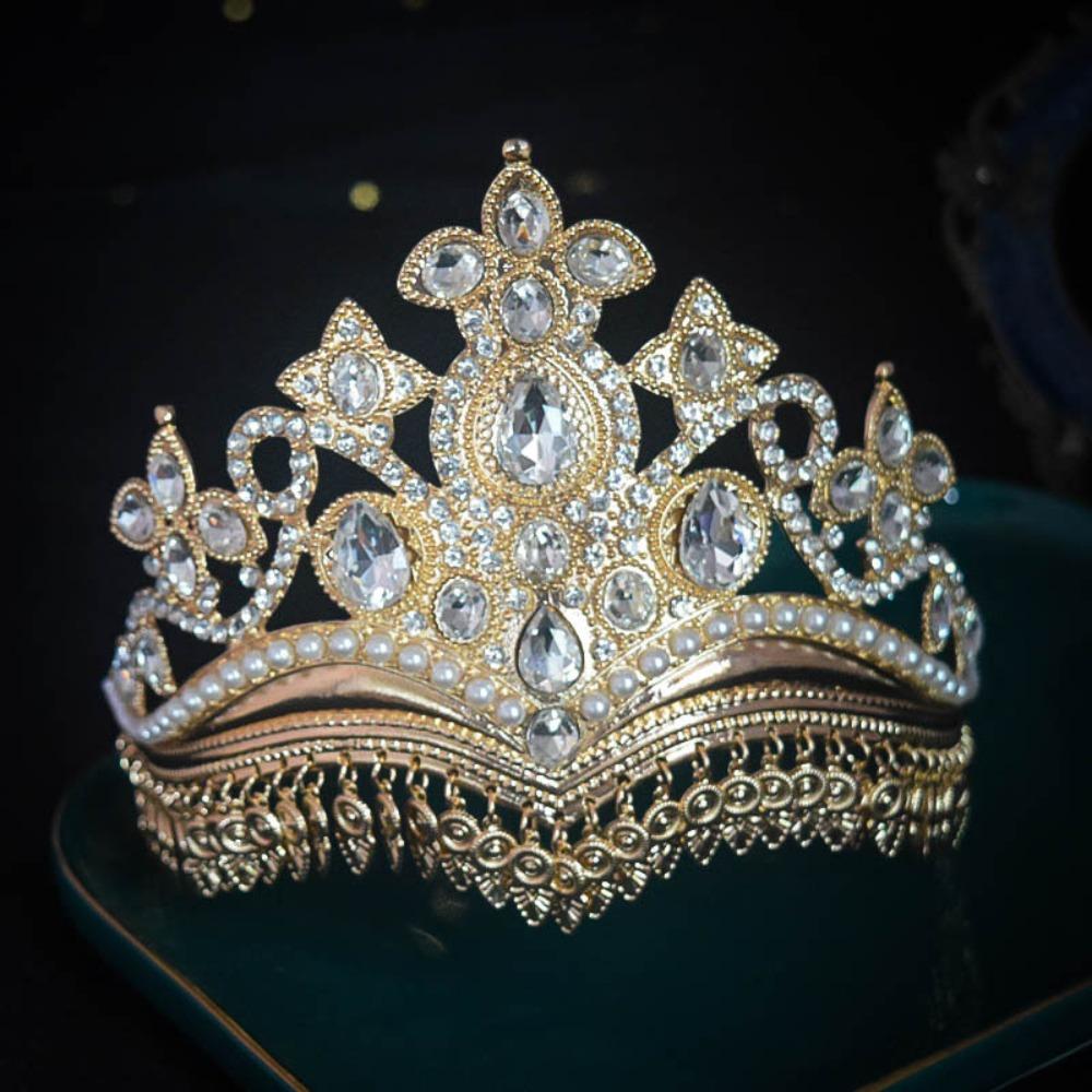 Gold Princess Hair Tiara Shiny Rhinestone Crown Luxury Ethnic Dance Crown Wedding