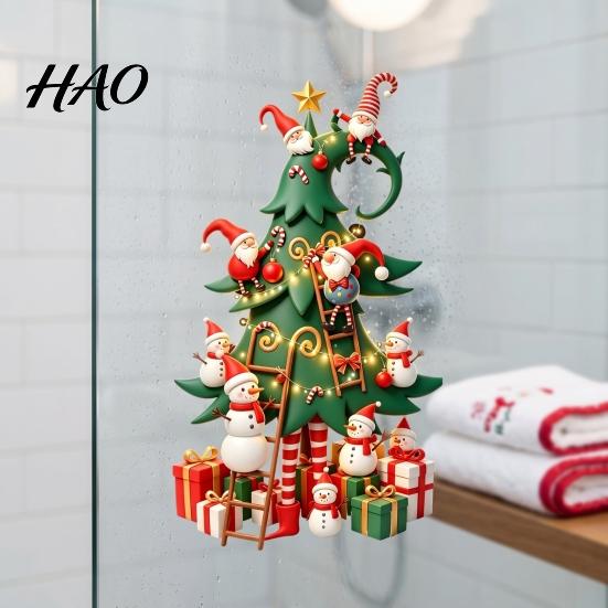 Durable Holiday Window Art Christmas Tree Stickers with Gnome And Snowman, Removable Glass Stickers, PVC Decorative for Windows Waterproof Wall Decor