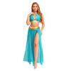 Women's Sequin Tassel Belly Dance Set - Halter Backless Crop Top & Split Mesh Skirt for Halloween