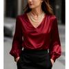 Новинка 2025 года, блузка с рукавами-буфами в французском стиле, с V-образным вырезом, атласная, с длинными рукавами, для женщин
