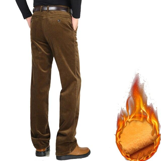 Autumn Winter Velvet Corduroy Pants Men Business Casual Pants Loose Elastic Middle-aged Straight Fleece Thick Corduroy Trousers