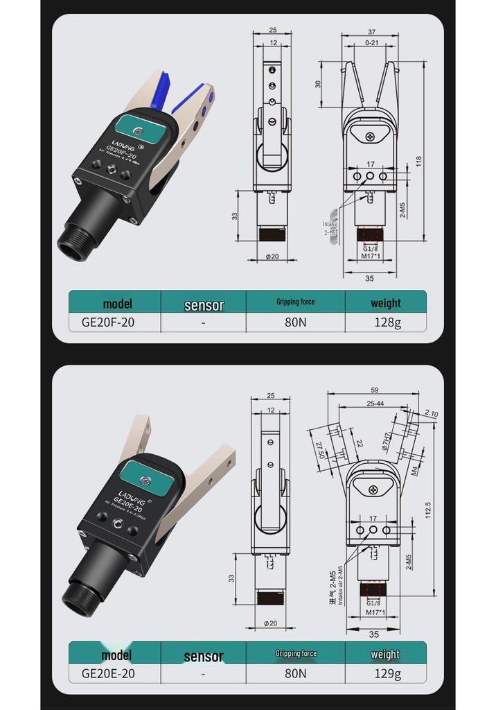 Double-Acting Pneumatic Needle-Nose Gripper GE20B-20 for Robotic Arm and Water Jet Applications