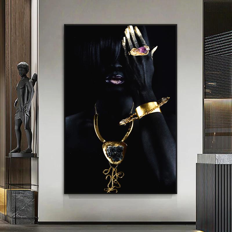 Gold Necklace African Woman Canvas Painting Figure Art Posters and Prints Black Women Wall Art Pictures for Living Room Decor