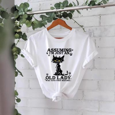 Топ из чистого хлопка с принтом черного кота и круглым вырезом, женская футболка