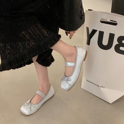 Туфли-лодочки на низком каблуке серебристые женские 2025 весна-осень новые балетки на мягкой подошве ретро французские туфли Мэри Джейн